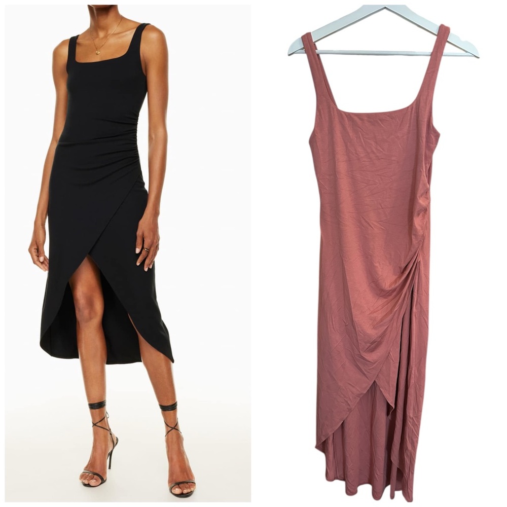 Wilfred Aritzia Saturn Ruched Midi Square Neckline Stretch Wrap Style Dress
